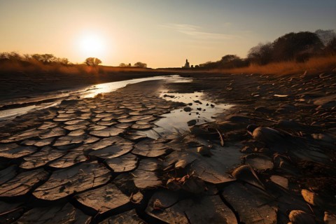 Dry riverbed with scattered dead fish under a harsh afternoon sun illustrating water scarcity, AI