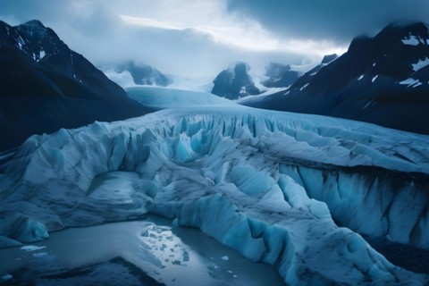 Glacier fractures embracing the deep crevasses indicative of rapid melting under a subdued sky, AI