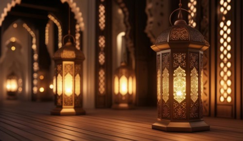A single illuminated lantern stands out on a wooden boardwalk with decorative arches, ai generated,