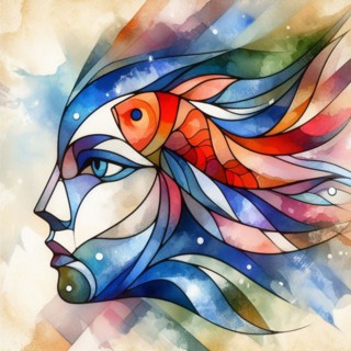 Dynamic abstract cubist profile of a woman with fish and flowing lines in watercolor style, square