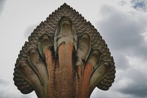 Seven heads Naga mythical creature sculpture in Angkor Wat in Siem reap, Cambodia, Asia