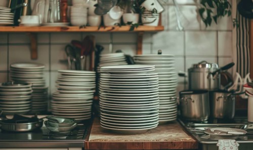 Rustic kitchen with stacked plates on wooden shelves, pots and pans adding to the homely vibe AI