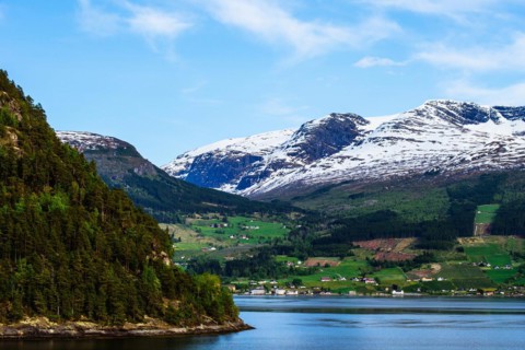 Mountains and Fjord over Norwegian Village, Olden, Innvikfjorden, Norway, Europe