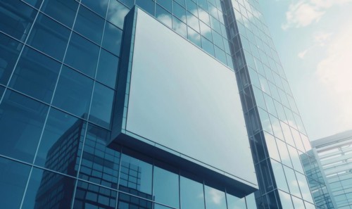 Blank screen banner mockup displayed on the modern building facade. Close Up view AI generated