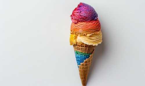 Rainbow-colored ice cream cone on white background AI generated