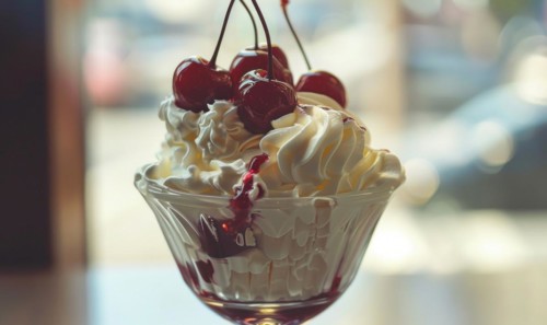 Sundae topped with cherries and whipped cream, closeup view, selective focus AI generated