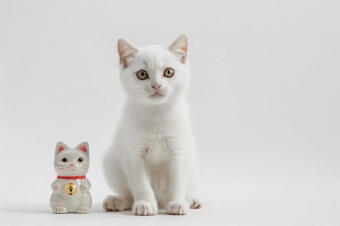 Cute white cat with Japanese Maneki Neko lucky cat figurine. KI generiert, generiert, AI generated
