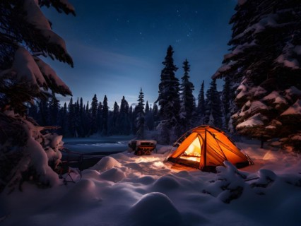 Snowy campsite in a forest during twilight tent emitting warm glow, AI generated