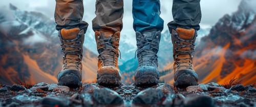 Two hikers standing side by side on a rocky mountain trail, AI generated