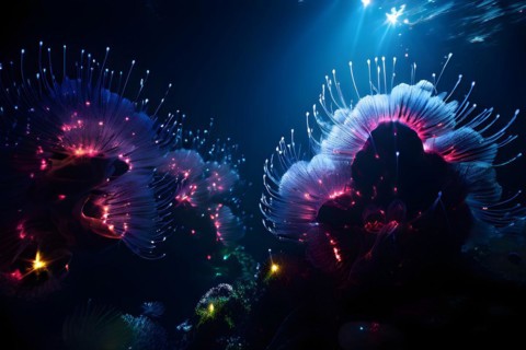 Bristle worms bioluminescent bodies floating in deep ocean, AI generated, deep sea, fish, squid,