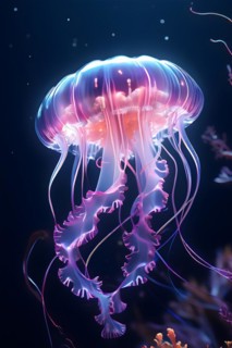 Deep sea jellyfish glowing with bioluminescence intricate patterns illuminating the dark sea, AI