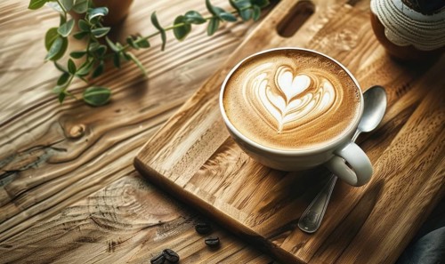 Close-up of a coffee cup with intricate latte art on a wooden surface near roasted coffee beans AI