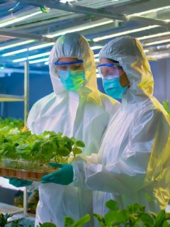 Biologists in protective suits grow vegetables in the lab, the concept of biotechnology, plant care