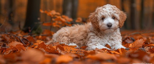 A cute Lagotto Emiliano truffle puppy dog with curly fur resting on autumn leaves, AI generated