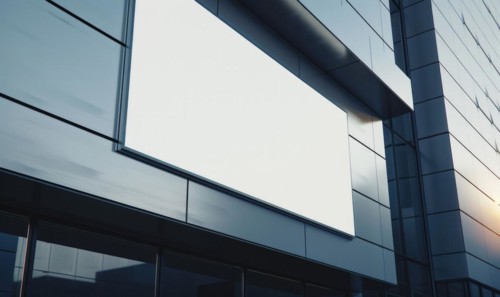 Blank screen banner mockup displayed on the modern building facade. Closeup view AI generated