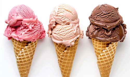 Neapolitan ice cream cones on white background AI generated