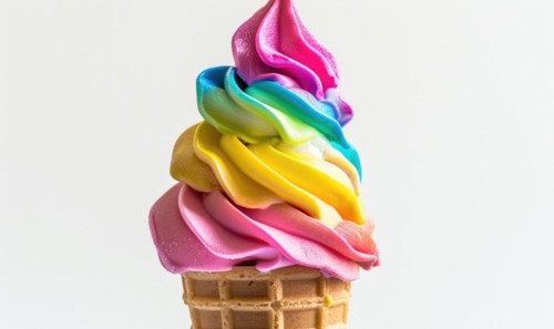 Rainbow-colored ice cream cone on white background AI generated