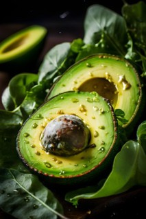 Avocado slices fanned out on a bed of mixed greens, AI generated