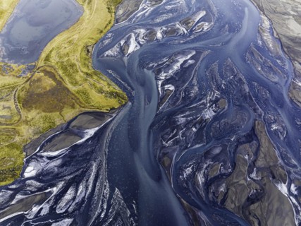 Overgrown river landscape, Eldhraun, near Kirkjubaejarklaustur, drone image, Sudurland, Iceland,