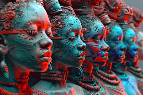 Anaglyph 3D image of cultural sculptures with red and cyan overlay creating a depth effect,