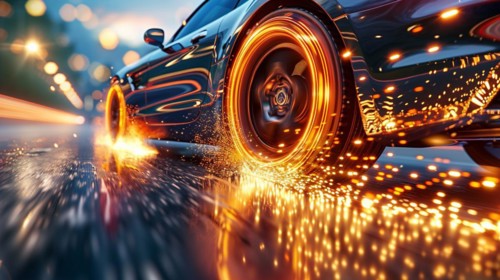 A high-performance sports car speeding at night, wheels casting brilliant sparks, electric vehicles