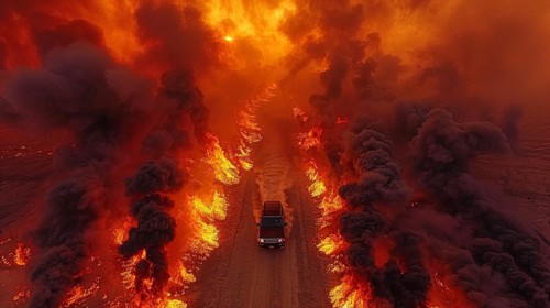 An SUV speeds down a road engulfed by flames and smoke from a forest fire, drone aerial view, AI