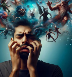 A man has delusions in his head, symbolic image intoxication, narcotic, drug, drug use, fantasies,