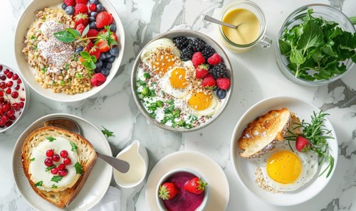 A varied breakfast layout with eggs, fruits, bread, and oatmeal AI generated