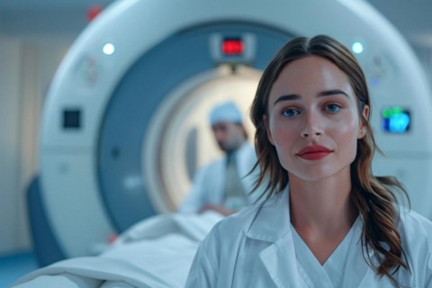 Medical professional stands by a CT scanner in a hospital, AI generated