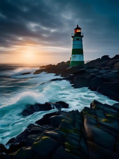 Lighthouse nestled against a vast ocean with waves rhythmically crashed onto the rocky shoreline,