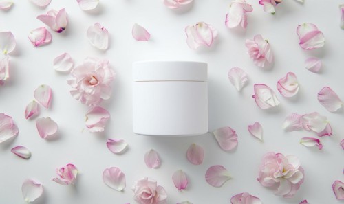 Creme jar blank mockup surrounded by delicate flower petals AI generated