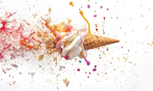 Ice cream cone explosion on white background AI generated