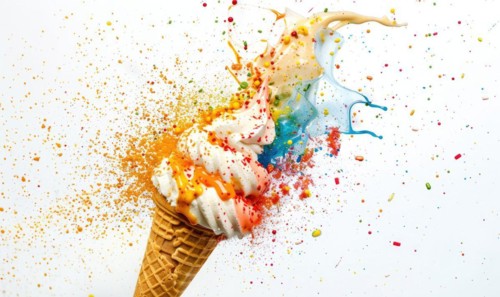 Ice cream cone explosion on white background AI generated