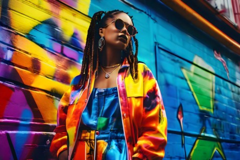 90s fashion collection including overall neon windbreakers tie dye shirts arrayed against a vibrant