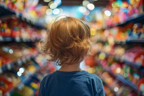 Back view of young boy child in toy store. KI generiert, generiert, AI generated