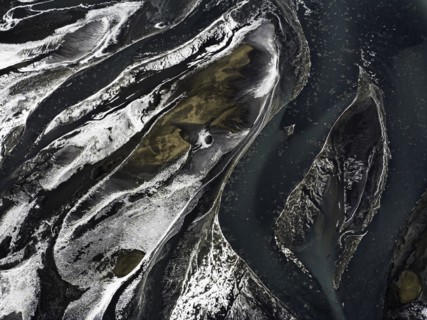 Overgrown river landscape, Eldhraun, near Kirkjubaejarklaustur, drone image, Sudurland, Iceland,