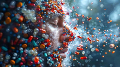 A surreal depiction of a face with vibrant colored pills and capsules floating around it, AI