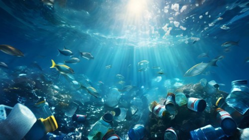 Turbulent ocean waves composed of an amalgamation of plastic waste bottles bags and fragments, AI