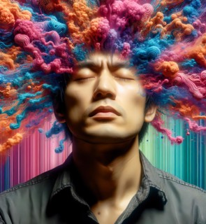 A man has delusions in his head, symbolic image intoxication, narcotic, drug, drug use, fantasies,