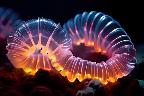 Bristle worms bioluminescent bodies floating in deep ocean, AI generated, deep sea, fish, squid,