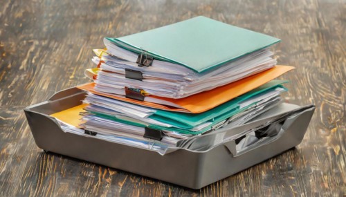 An open metal box with folders and stacks of paper on a table with a wooden pattern, symbol