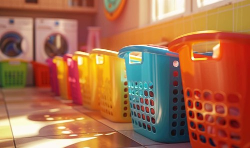 Colorful laundry baskets on the floor AI generated