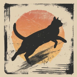 Artistic rendering of a cat's silhouette with an abstract sunset in the background, AI generated
