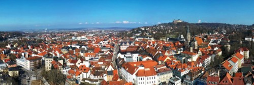 Aerial view of Coburg with a view of the historic old town centre. Dingolfing, Upper Franconia,