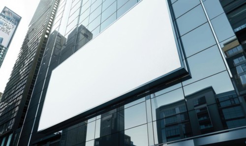 Blank screen banner mockup displayed on the modern building facade. Close Up view AI generated
