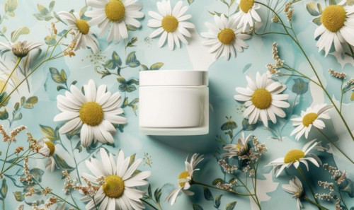 Cosmetic jar blank mockup placed on a serene watercolor chamomile background AI generated