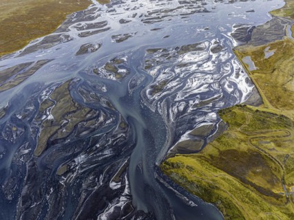 Overgrown river landscape, Eldhraun, near Kirkjubaejarklaustur, drone image, Sudurland, Iceland,