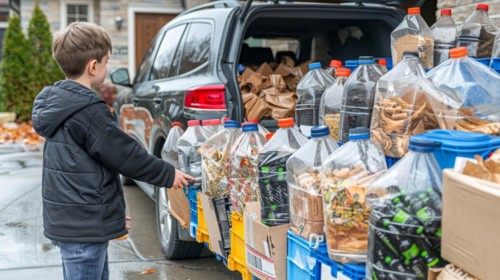 A young boy sorting recyclable materials into separate containers outdoors, family waste