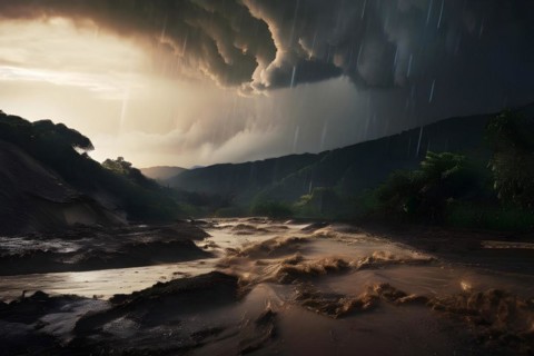 Heavy rainfall pouring on an already saturated ground leading to mudslides captured in a stormy