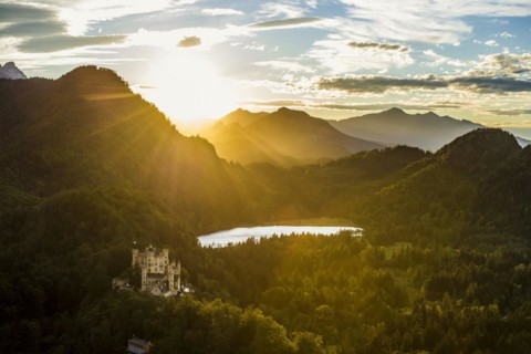 Hohenschwangau Castle, foehn storm, sunset, near Fuessen, Ostallgaeu, Allgaeu, Bavaria, Germany,